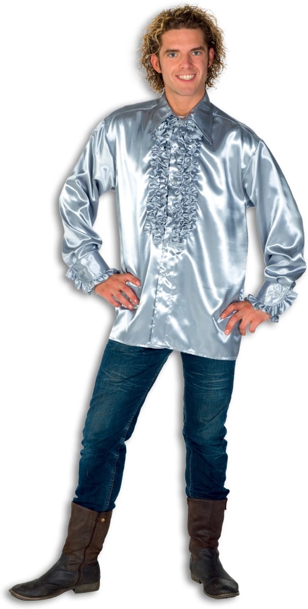 Jaren 80 & 90 Kostuum | Dolle Disco Ruches Blouse Zilver Man | Medium | Carnaval kostuum | Verkleedkleding